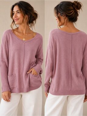 SHEIN Dusty Pink Dolman Sleeve Sweater Tunic Top Pocket Knit Size Small